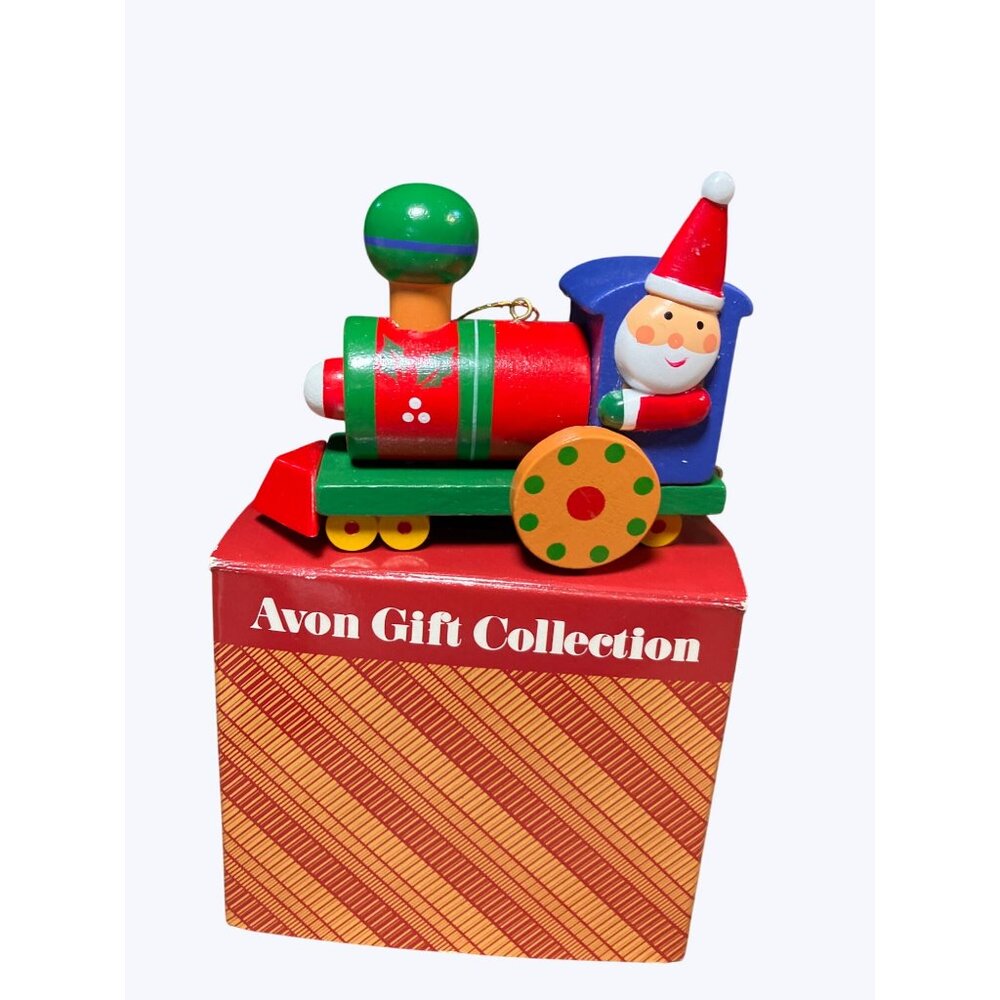 Avon Collectible Wooden Train Ornament Featuring Santa Claus Christmas Decor
